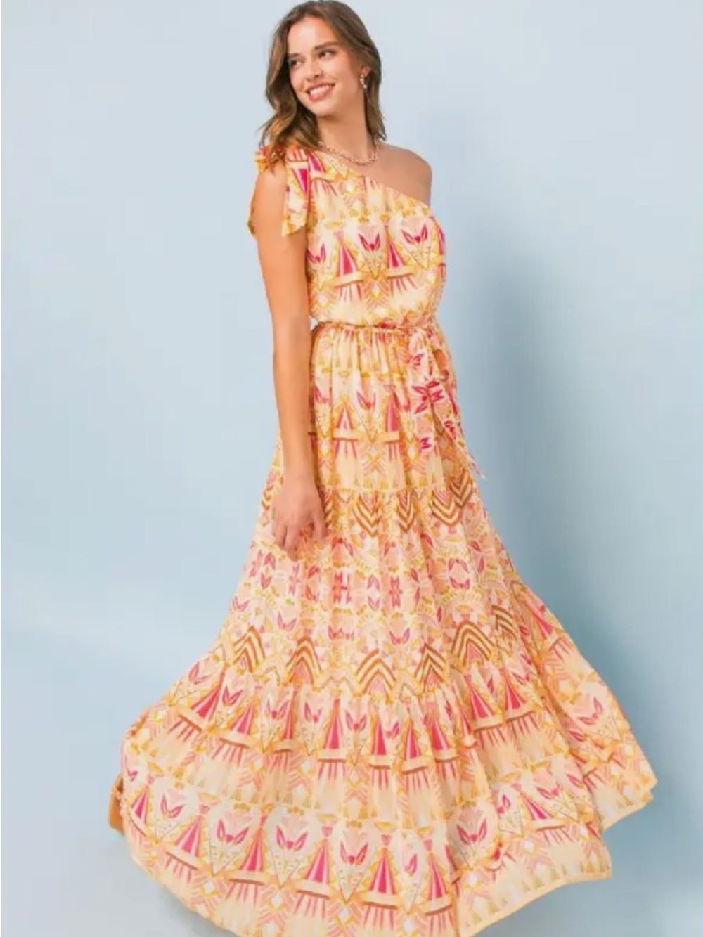 One-Shoulder Yellow & Pink Maxi Dress